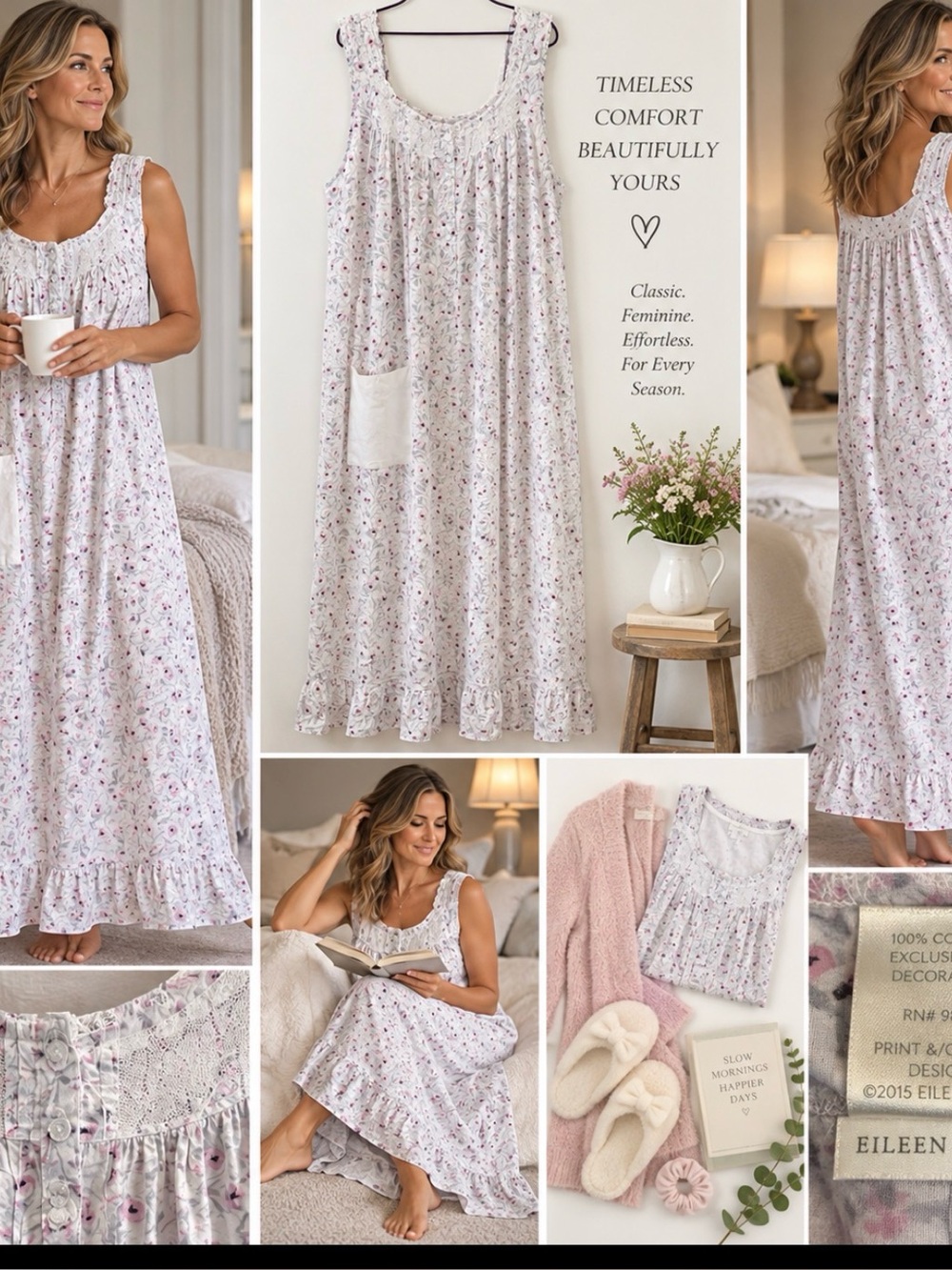 Vintage Eileen West All-Over Floral Print Cotton Nightgown Button Front Large